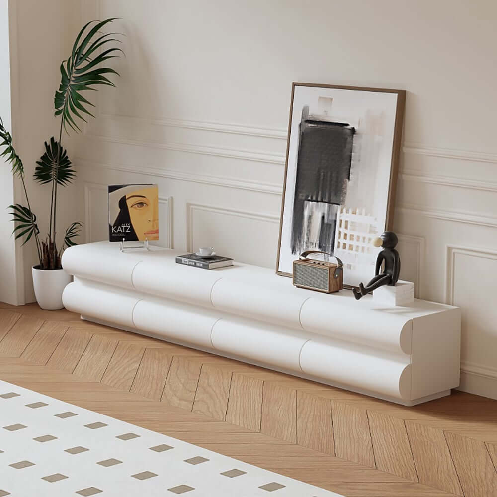 Modern White Faux Leather TV Stand With 8 Drawers