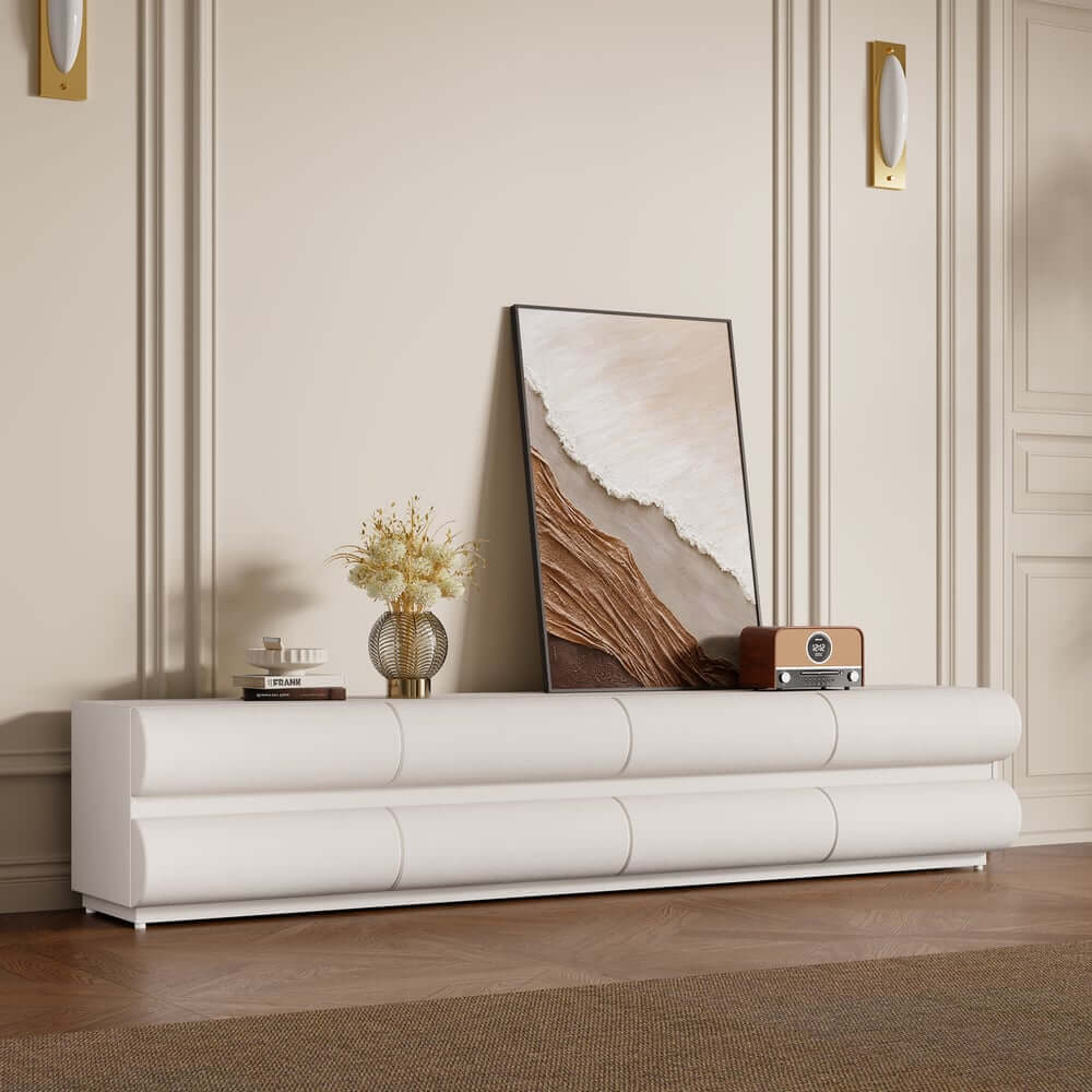 Modern White Faux Leather TV Stand With 8 Drawers