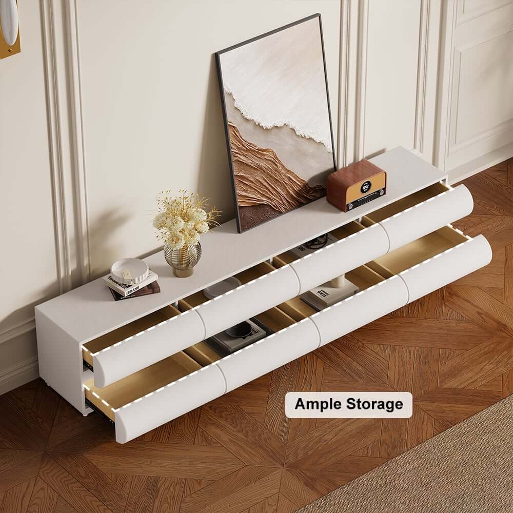 Modern White Faux Leather TV Stand With 8 Drawers