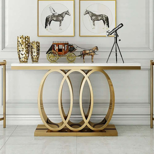 Modern White Faux Marble Console Table with Stainless Steel Base Main Product Image