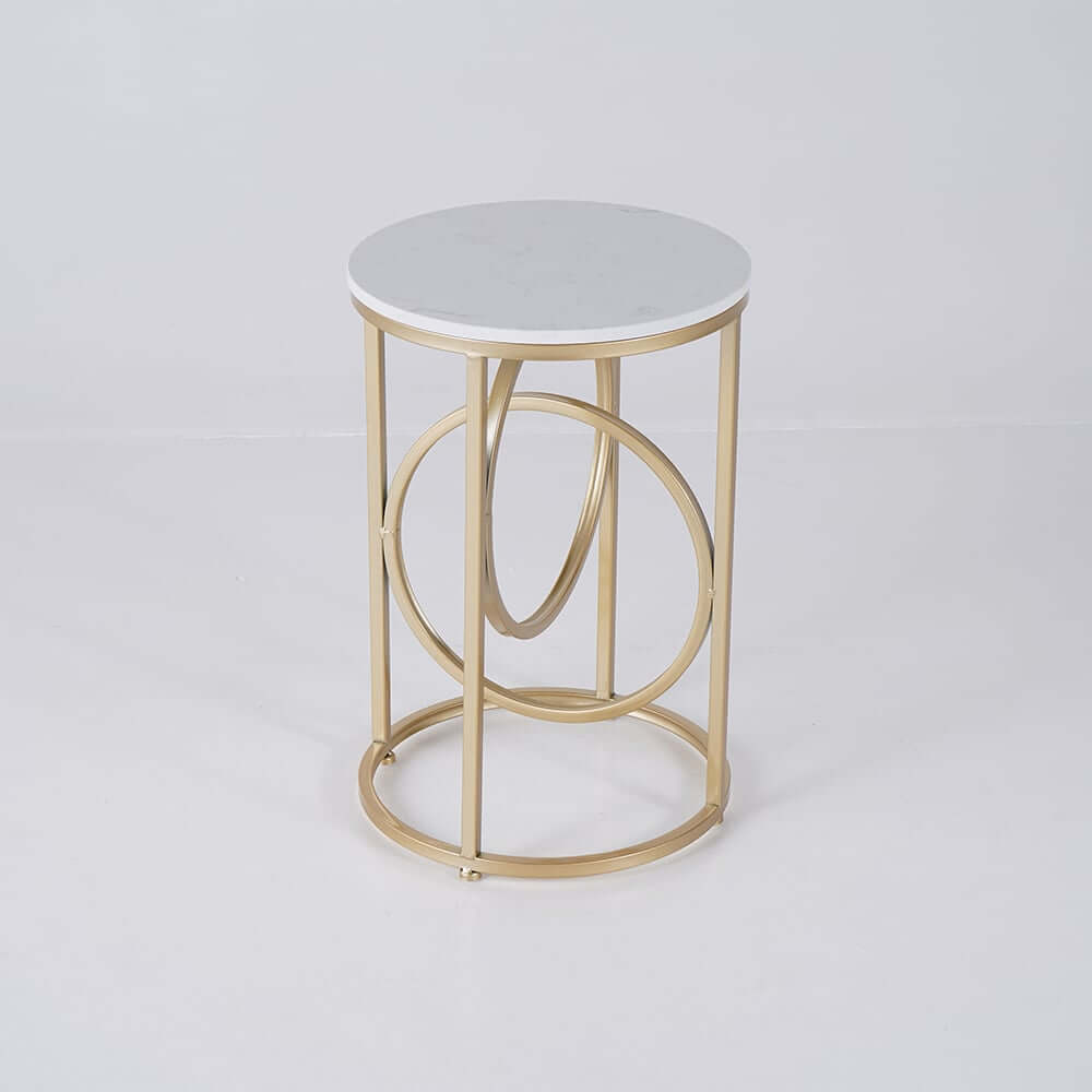 Modern White Faux Marble Round Side Table With Gold Frame