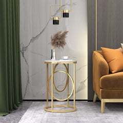 Modern White Faux Marble Round Side Table With Gold Frame