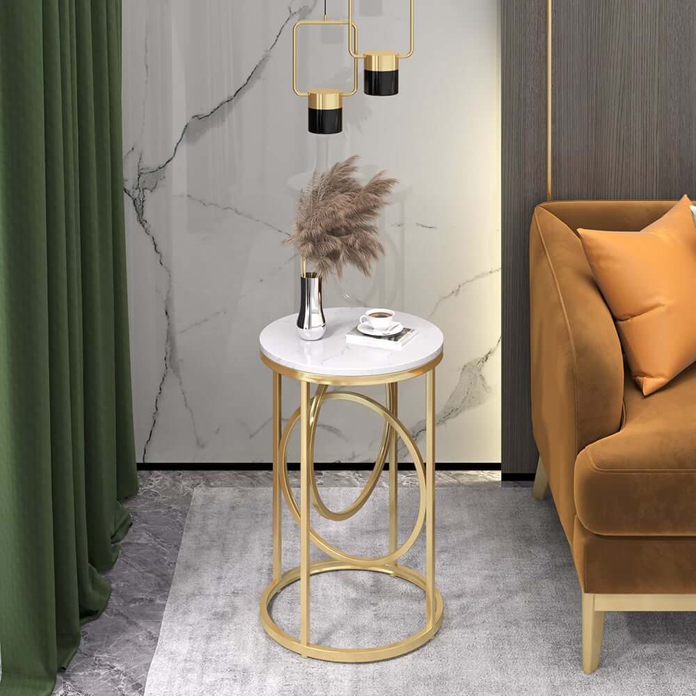 Modern White Faux Marble Round Side Table With Gold Frame