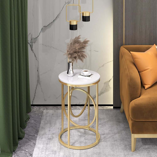 Modern White Faux Marble Round Side Table With Gold Frame