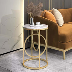 Modern White Faux Marble Round Side Table With Gold Frame