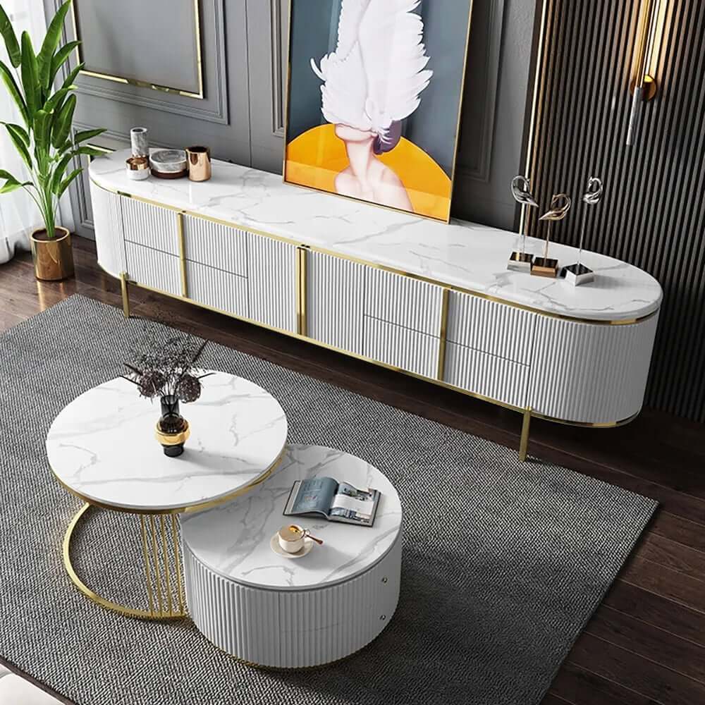 Modern White Faux Marble TV Stand With Gold Accents