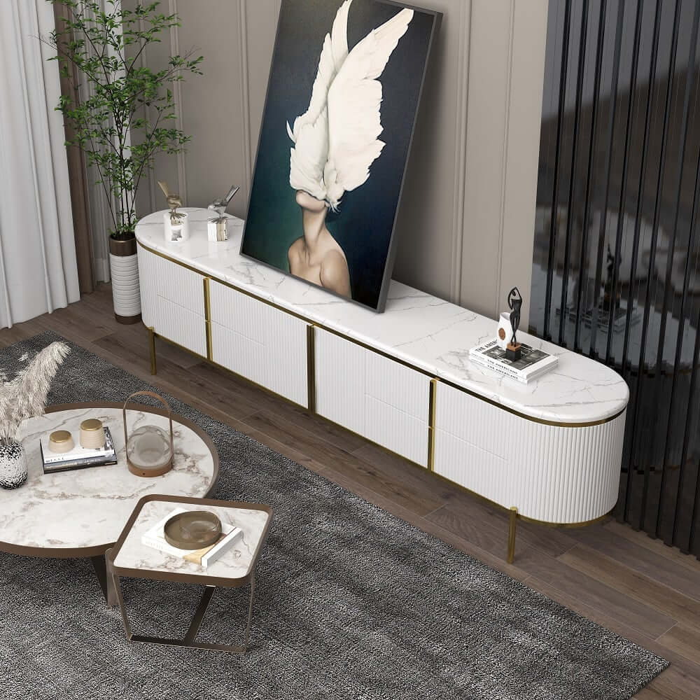 Modern White Faux Marble TV Stand With Gold Accents