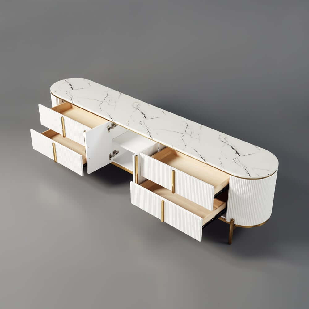 Modern White Faux Marble TV Stand With Gold Accents