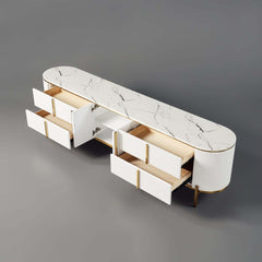 Modern White Faux Marble TV Stand With Gold Accents