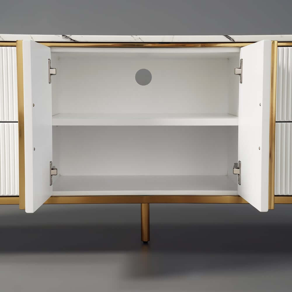 Modern White Faux Marble TV Stand With Gold Accents