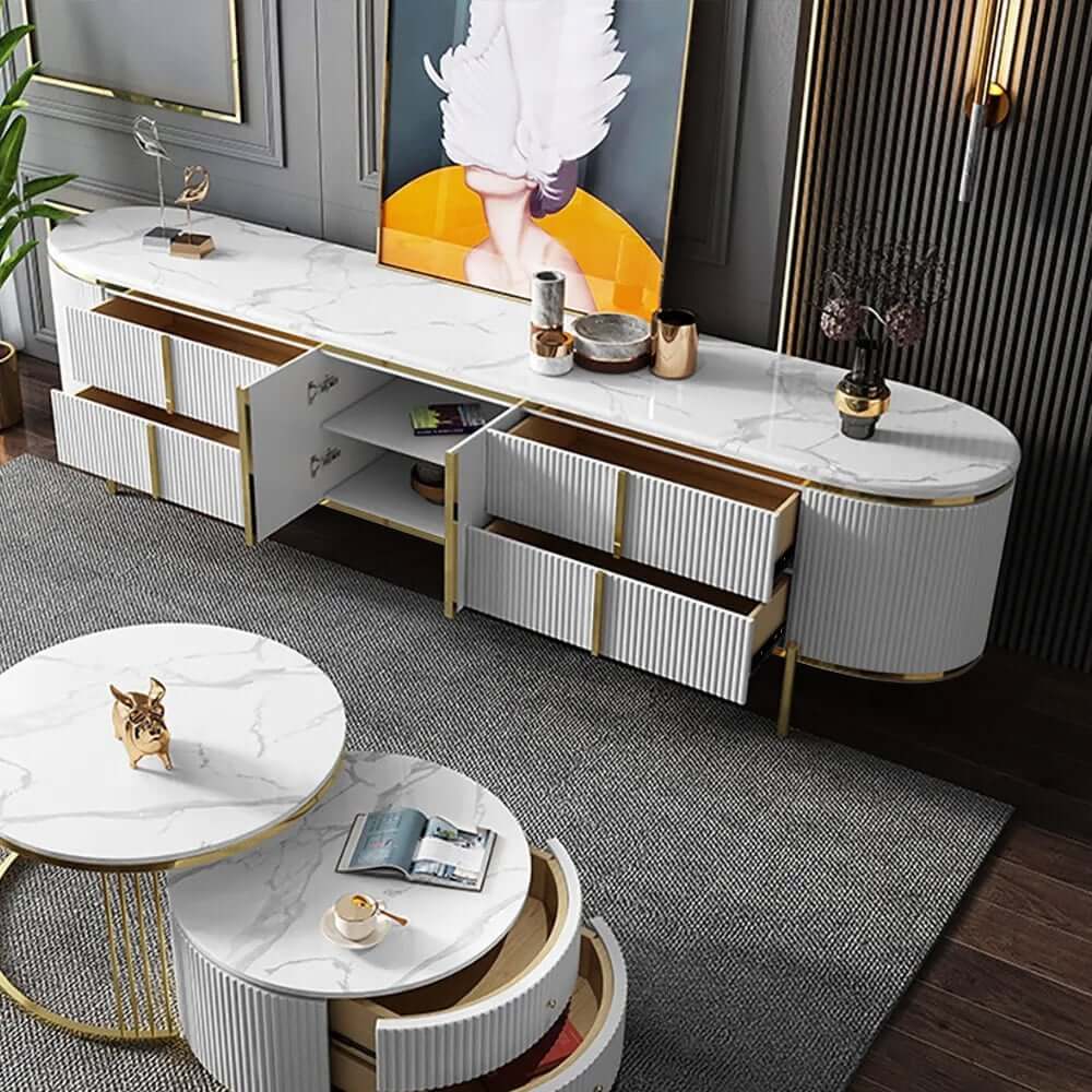 Modern White Faux Marble TV Stand With Gold Accents