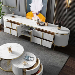 Modern White Faux Marble TV Stand With Gold Accents
