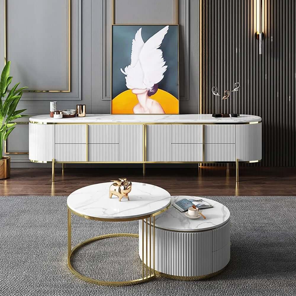 Modern White Faux Marble TV Stand With Gold Accents
