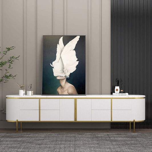 Modern White Faux Marble TV Stand With Gold Accents