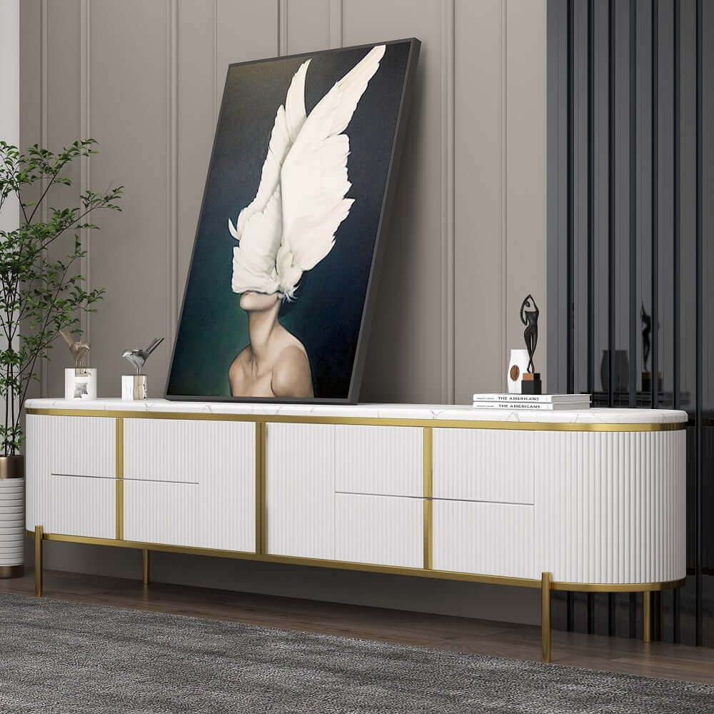Modern White Faux Marble TV Stand With Gold Accents