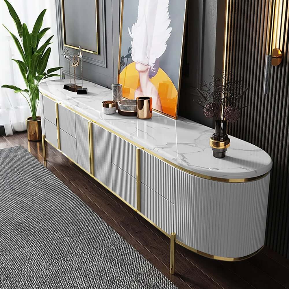 Modern White Faux Marble TV Stand With Gold Accents Main Product Image