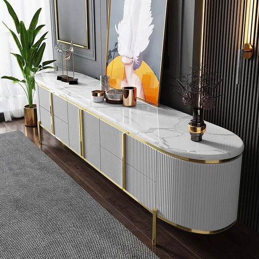Modern White Faux Marble TV Stand With Gold Accents Main Product Image