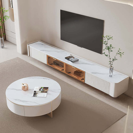 Modern White Floating TV Stand With Fluted Design