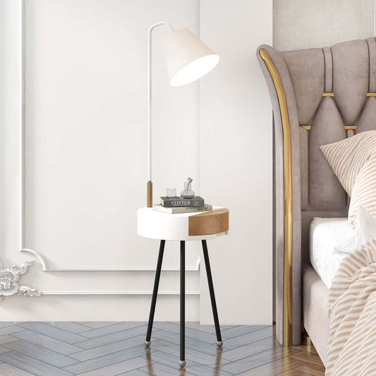 Modern White Floor Lamp with Fabric Shade and Drawer Storage
