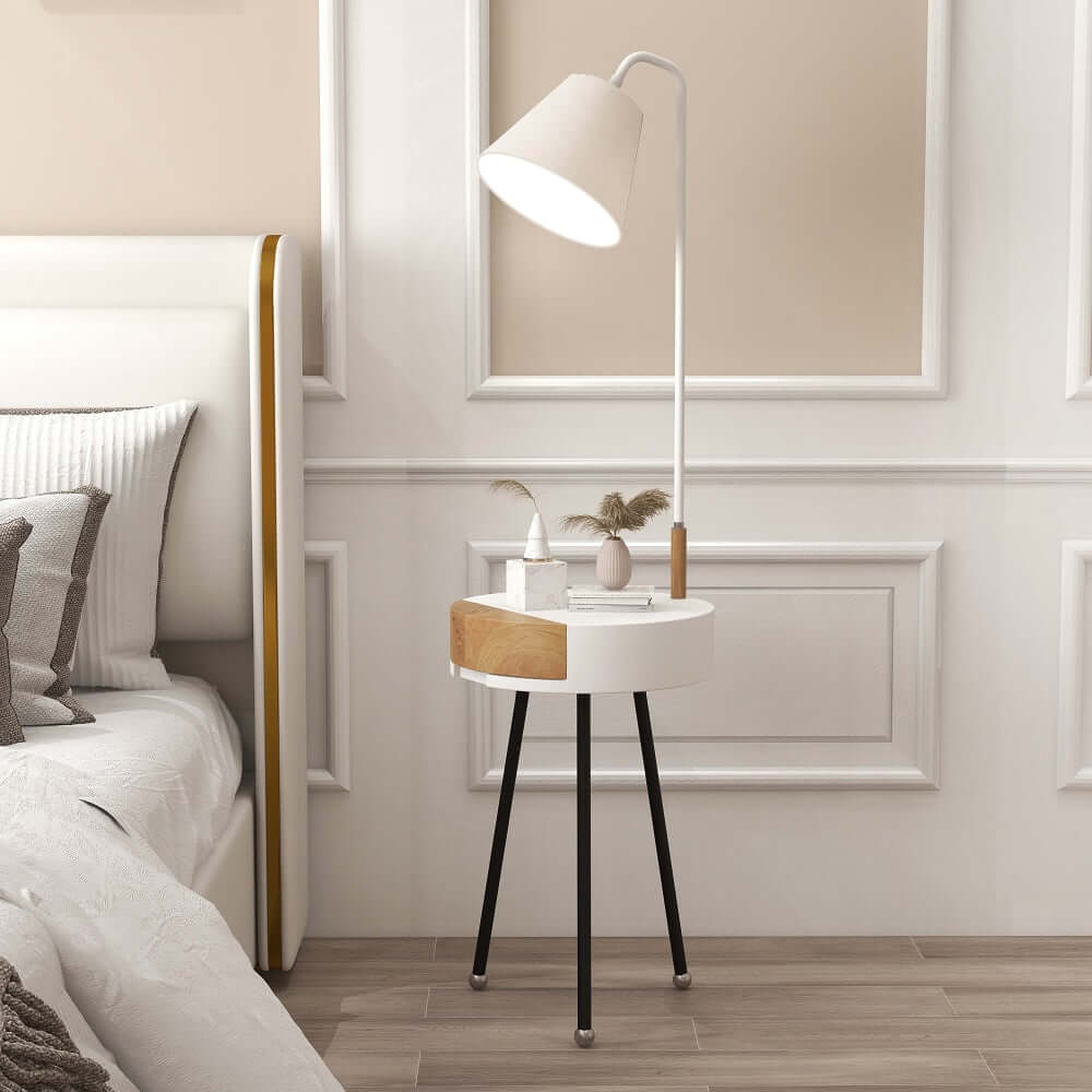 Modern White Floor Lamp with Fabric Shade and Drawer Storage
