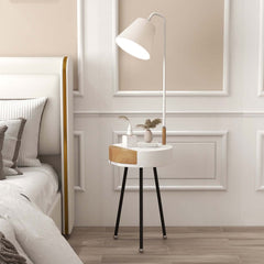 Modern White Floor Lamp with Fabric Shade and Drawer Storage