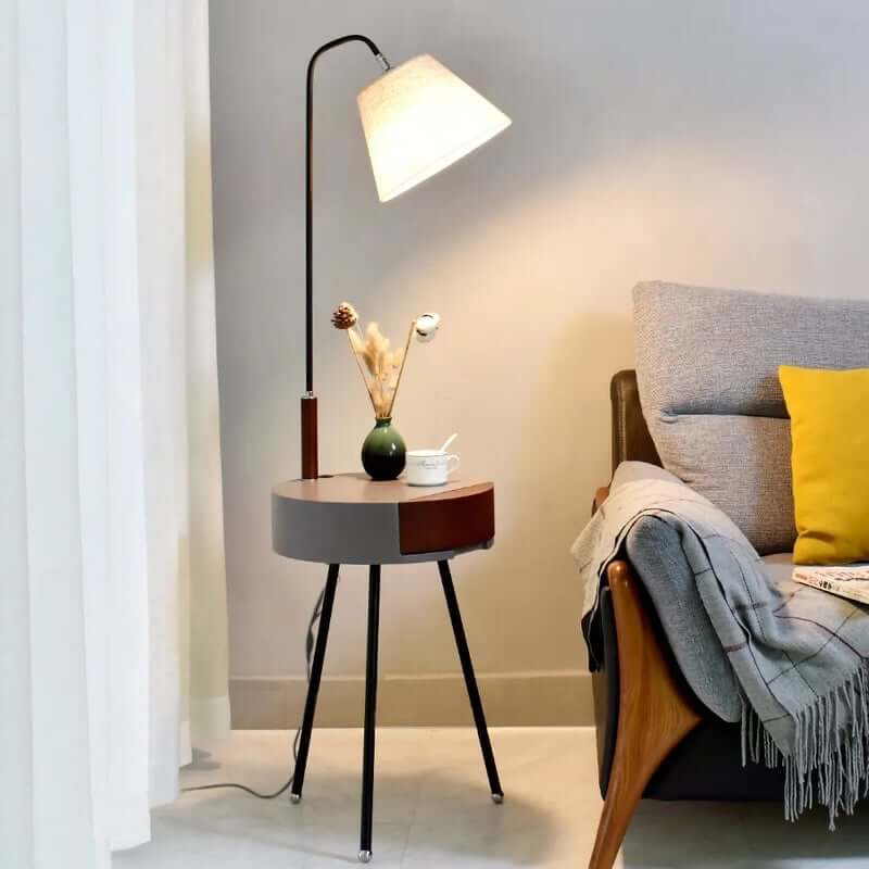 Modern White Floor Lamp with Fabric Shade and Drawer Storage Main Product Image