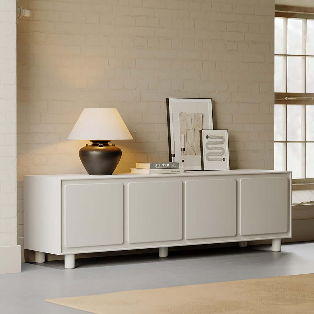 Modern White Freestanding TV Stand With Cabinets