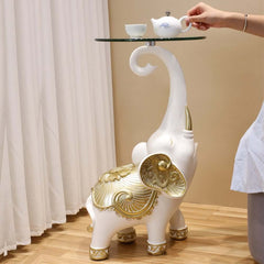 Modern White Glass Elephant Side Table With Gold Accents