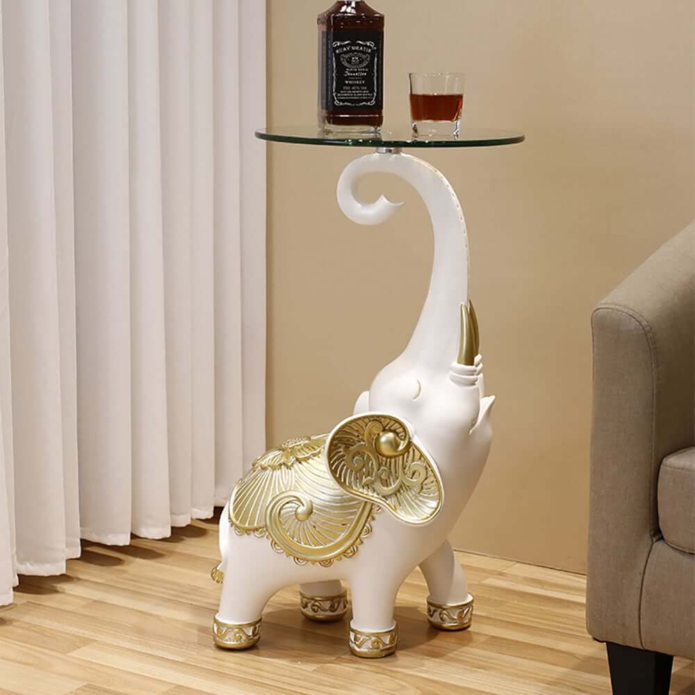 Modern White Glass Elephant Side Table With Gold Accents