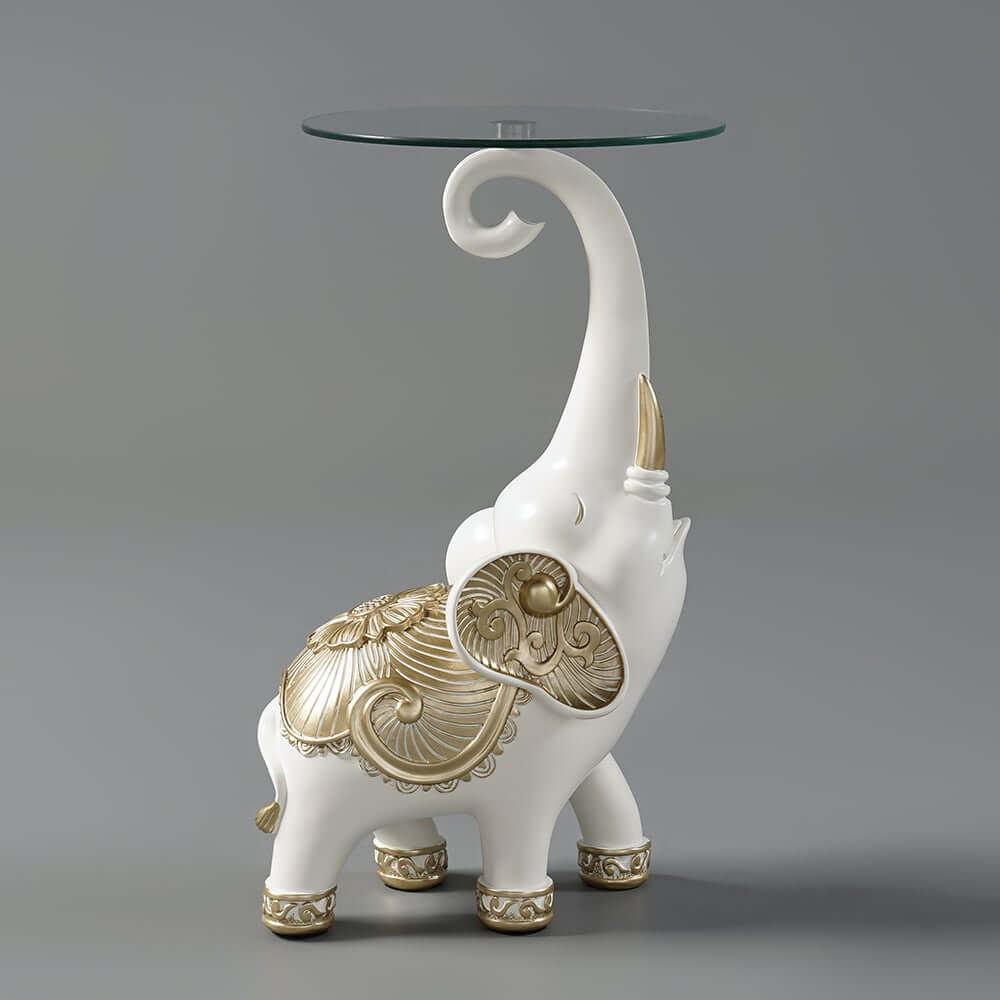 Modern White Glass Elephant Side Table With Gold Accents