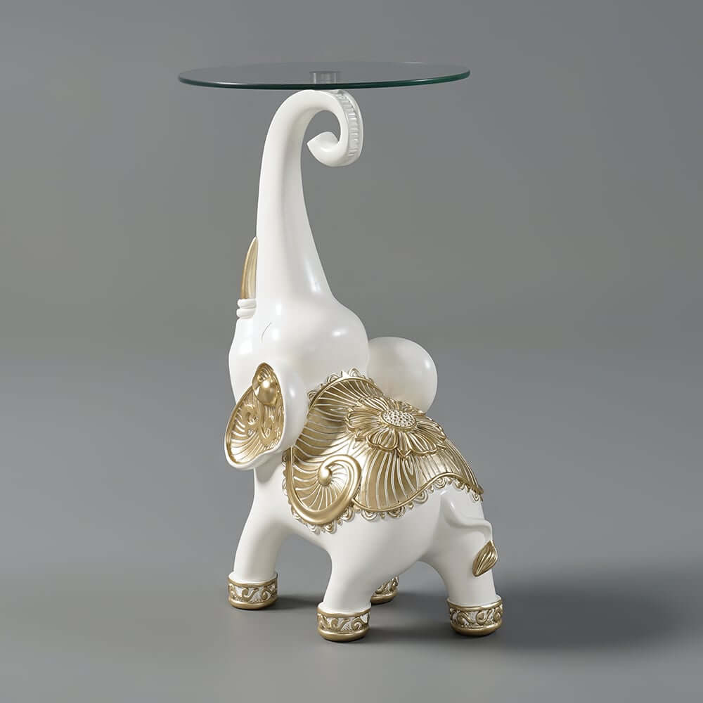 Modern White Glass Elephant Side Table With Gold Accents