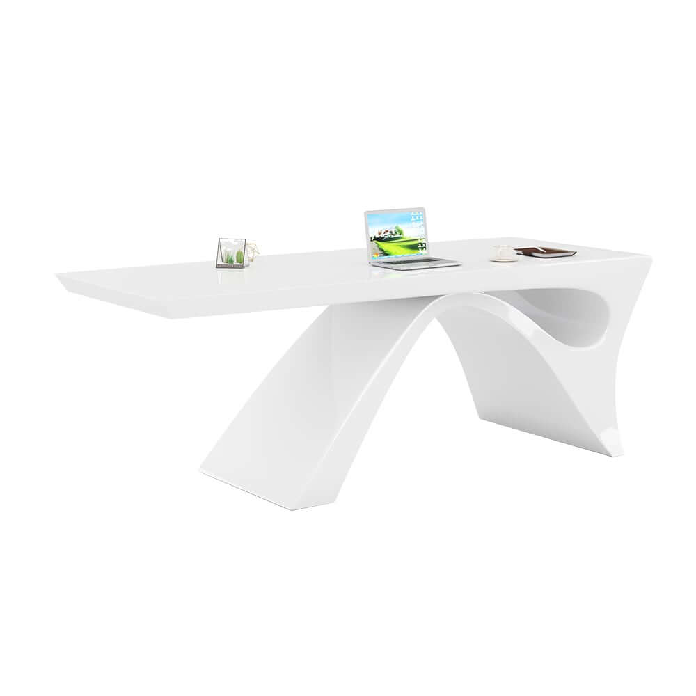 Modern White Glossy Writing Desk with Geometric Base