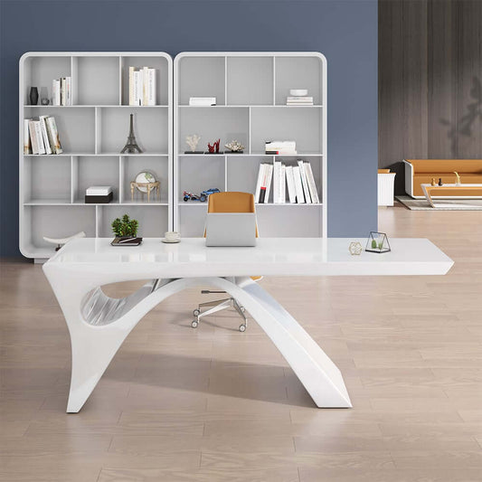 Modern White Glossy Writing Desk with Geometric Base