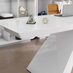 Modern White Glossy Writing Desk with Geometric Base