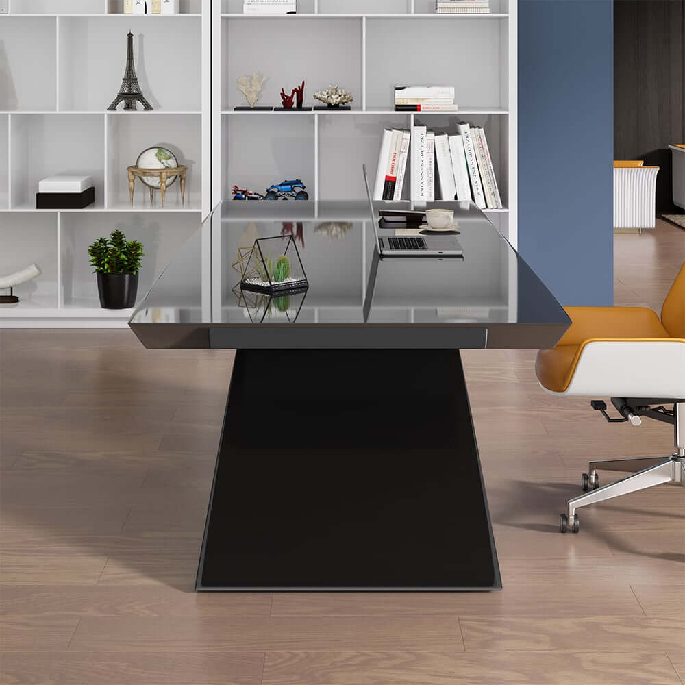 Modern White Glossy Writing Desk with Geometric Base