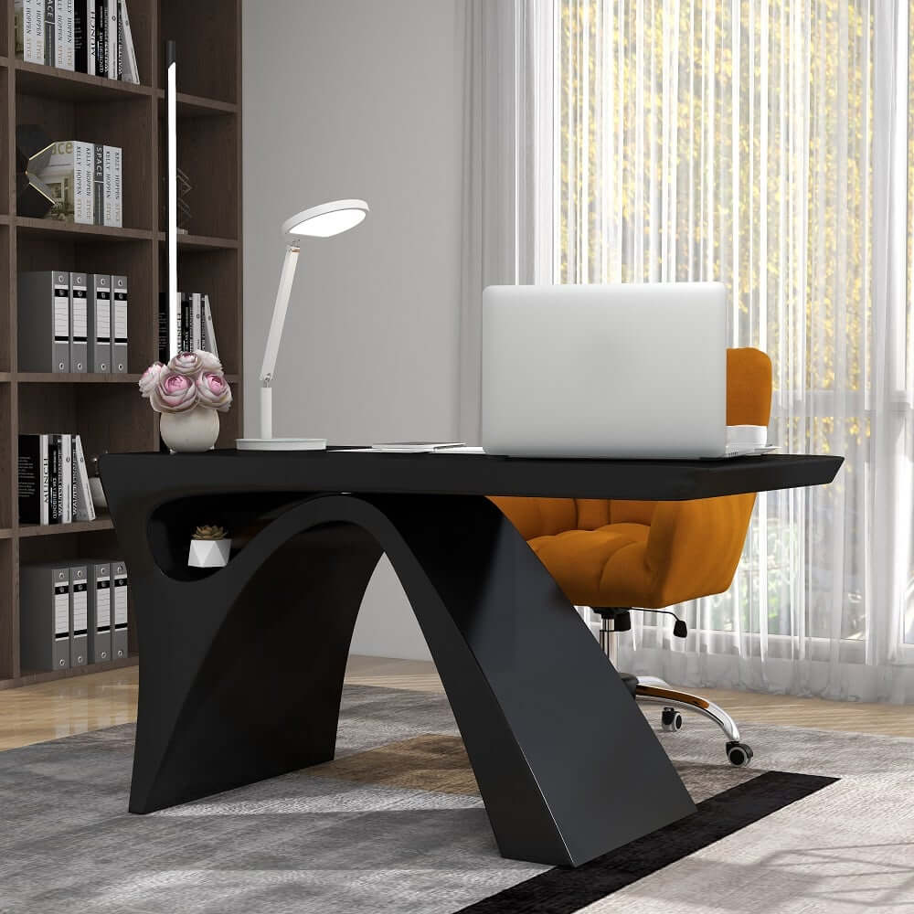 Modern White Glossy Writing Desk with Geometric Base