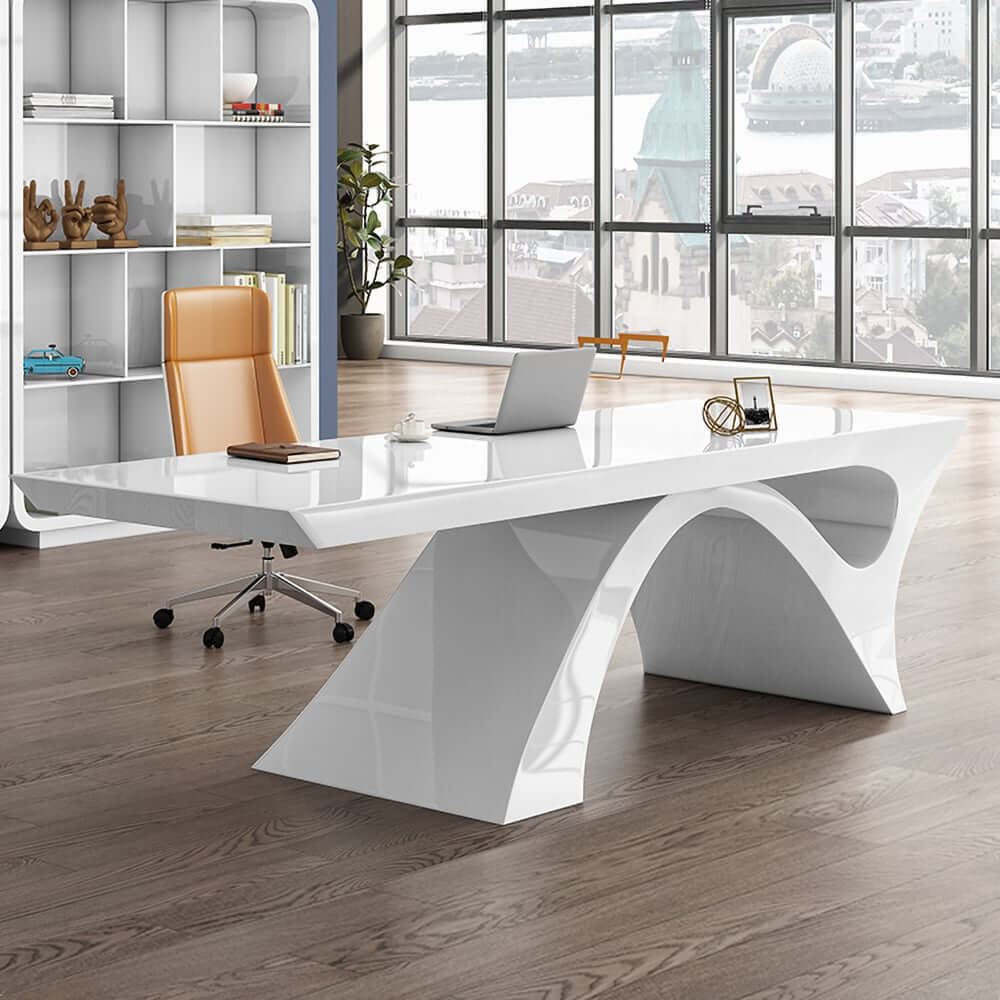 Modern White Glossy Writing Desk with Geometric Base