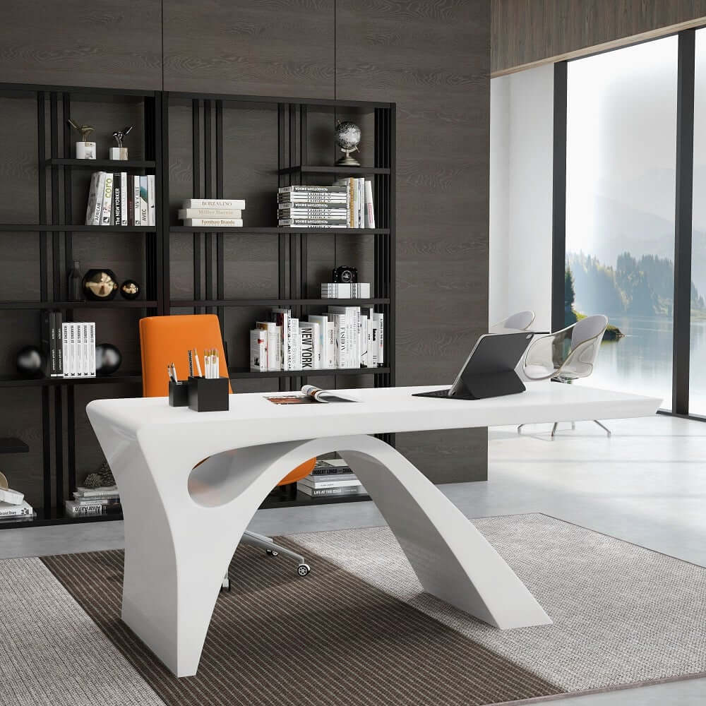 Modern White Glossy Writing Desk with Geometric Base Main Product Image