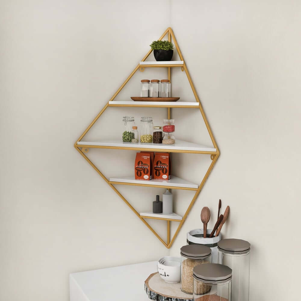 Modern White & Gold 5-Tier Wall-Mounted Corner Shelf