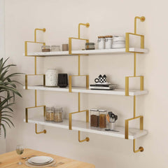 Modern White & Gold Floating Shelves - 3-Tier MDF Wall Mounted