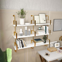 Modern White & Gold Floating Shelves - 3-Tier MDF Wall Mounted