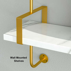 Modern White & Gold Floating Shelves - 3-Tier MDF Wall Mounted