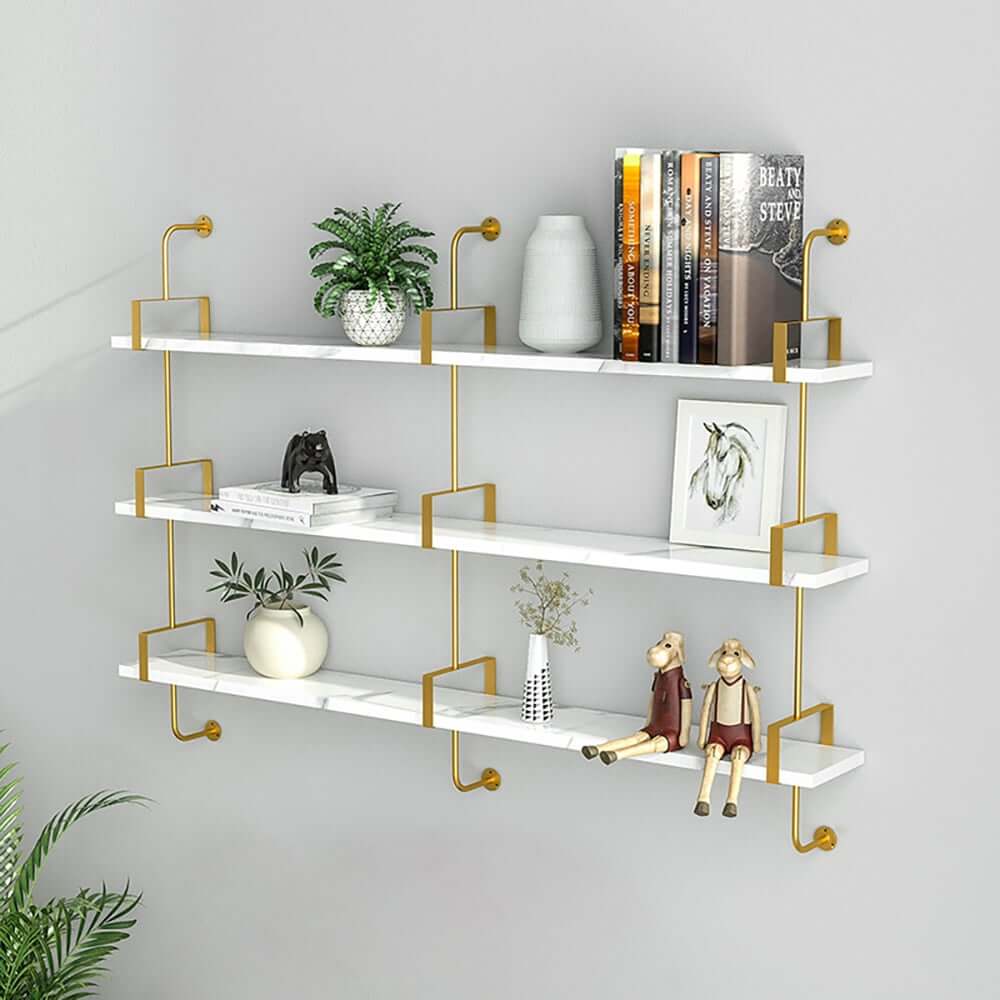 Modern White & Gold Floating Shelves - 3-Tier MDF Wall Mounted