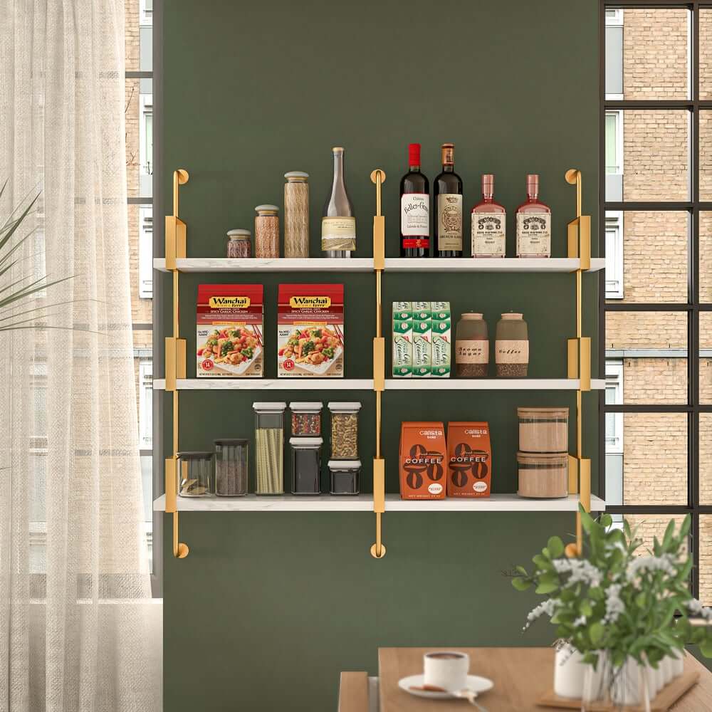 Modern White & Gold Floating Shelves - 3-Tier MDF Wall Mounted