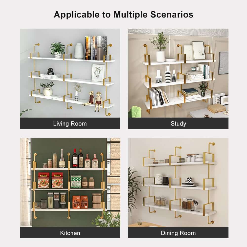 Modern White & Gold Floating Shelves - 3-Tier MDF Wall Mounted