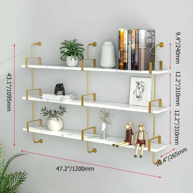 Modern White & Gold Floating Shelves - 3-Tier MDF Wall Mounted Dimensions