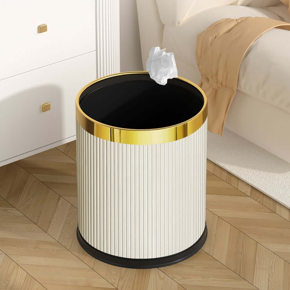 Modern White & Gold Round Trash Can with Removable Liner