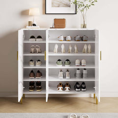 Modern White & Gold Shoe Cabinet with 3 Doors and 5 Shelves