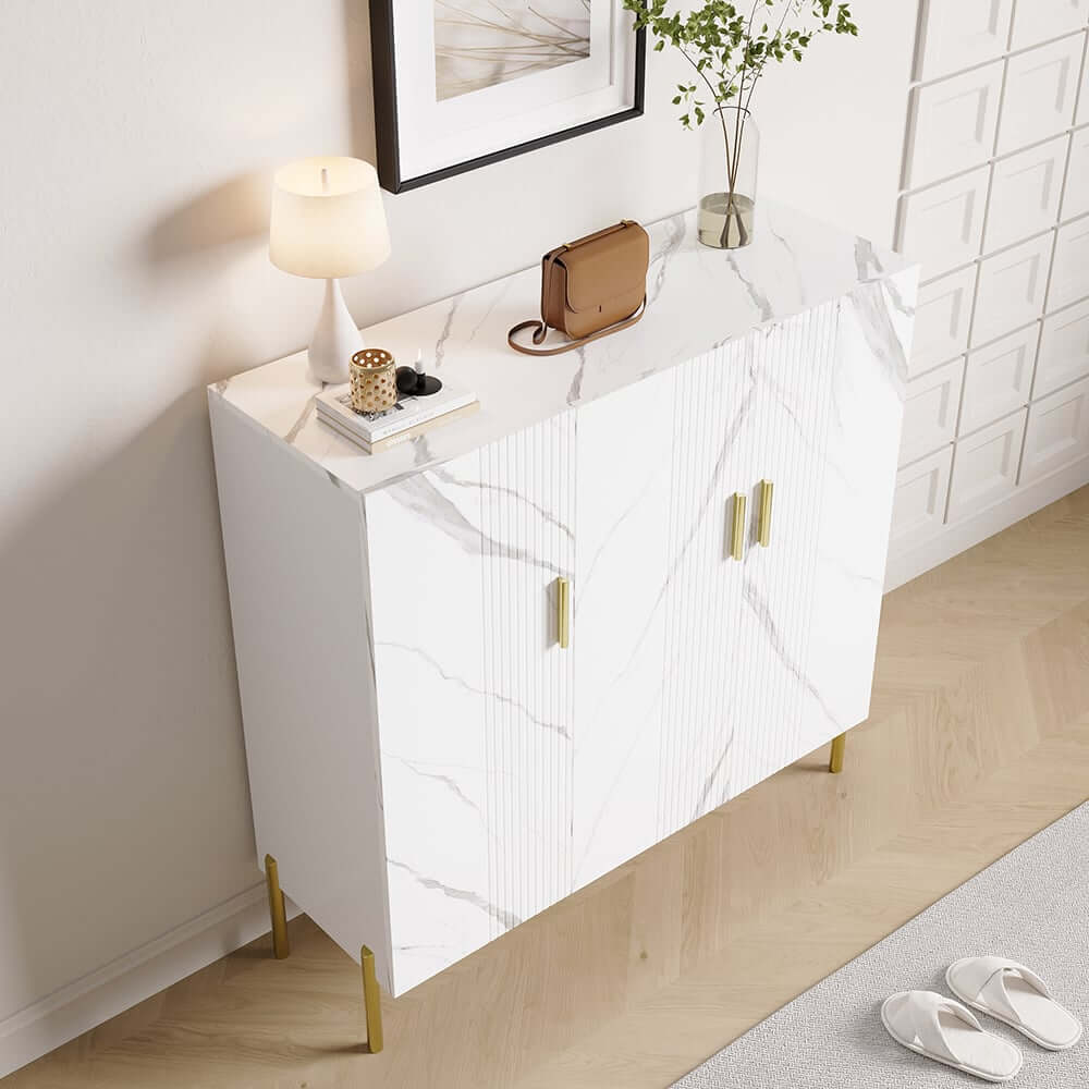 Modern White & Gold Shoe Cabinet with 3 Doors and 5 Shelves