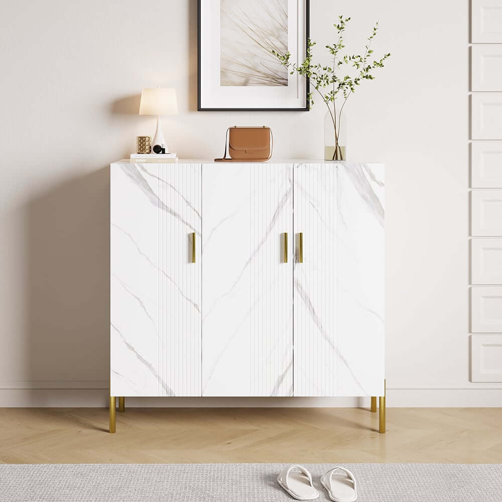 Modern White & Gold Shoe Cabinet with 3 Doors and 5 Shelves